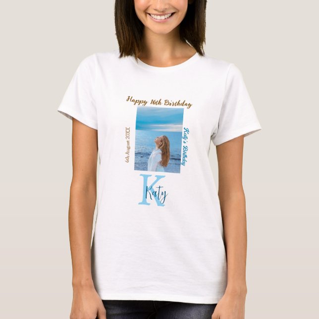Camiseta Aqua azul marrón feliz nombre de foto de 16 años (Anverso)