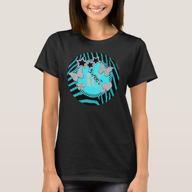Camiseta Aqua Black Silver Purpurina Zebra Sweet 16 T-Shirt (Anverso)