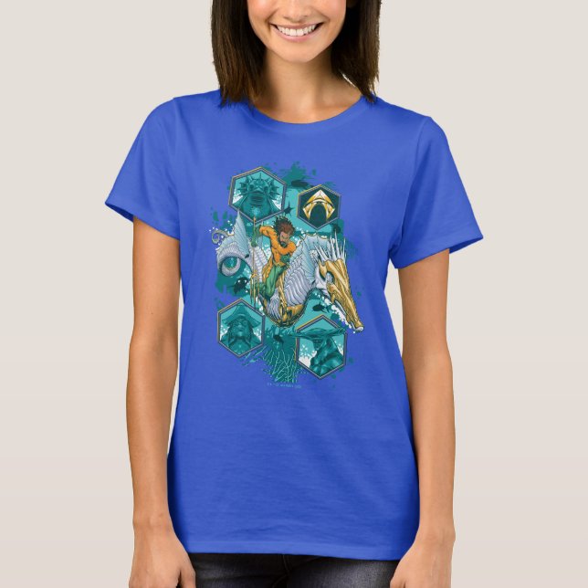 Camiseta Aquaman montando caballito de mar a través de los  (Anverso)