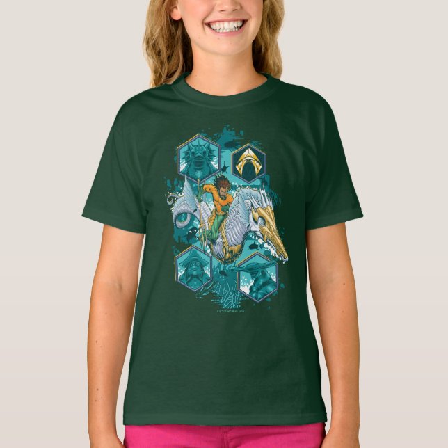 Camiseta Aquaman montando caballito de mar a través de los  (Anverso)