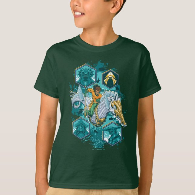 Camiseta Aquaman montando caballito de mar a través de los  (Anverso)