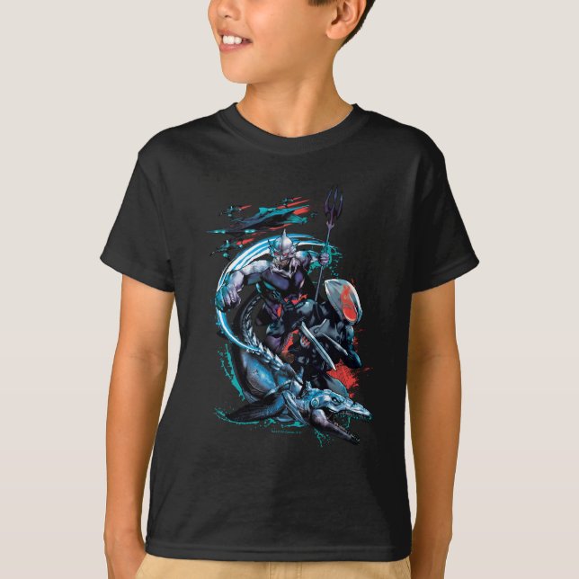 Camiseta Aquaman | Orm, Manta Negra, Tylosaur y Buques (Anverso)