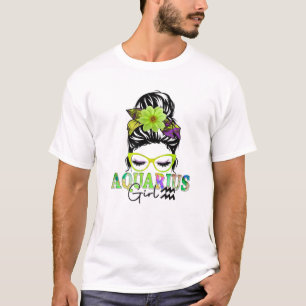 Camiseta Aquarius Chica Birthday Messy Bun Hair Colorful Fl