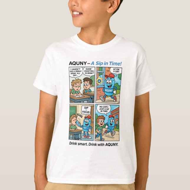 Camiseta AQUNY - ¡Un sorbo a tiempo! Cómic Hero De Hidratac (Anverso)