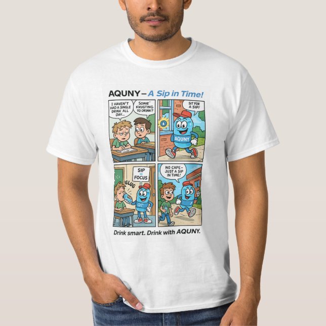 Camiseta AQUNY - ¡Un sorbo a tiempo! Cómic Hero De Hidratac (Anverso)