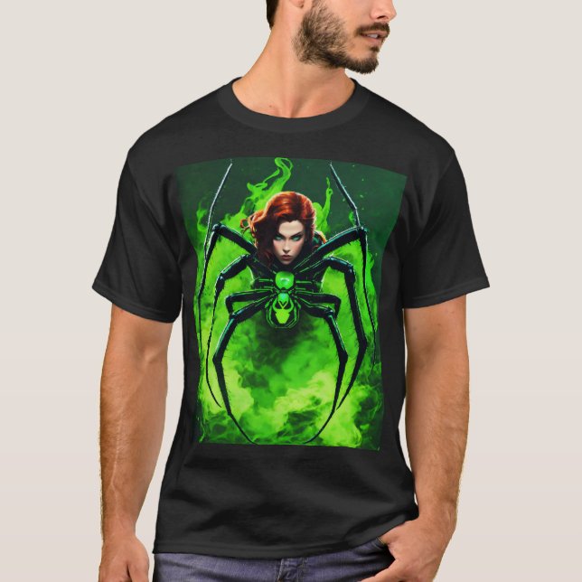 Camiseta Araña de viuda negra con humo verde neón alrededor (Anverso)