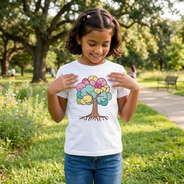 Camiseta Árbol abstracto con raíces y hojas coloridas. (Abstract Pastel Brain Tree Art Print. Girl Basic White T-Shirt )