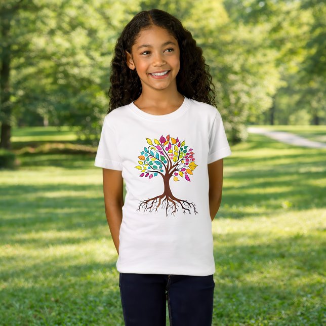 Camiseta Árbol abstracto con raíces y hojas coloridas. (Vibrant Tree of Life: Roots and colorful leaves. Girl Basic White T-Shirt)