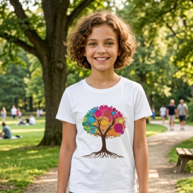 Camiseta Árbol abstracto con raíces y hojas coloridas. (Abstract tree with roots and colorful leaves. Girl Basic White T-Shirt)