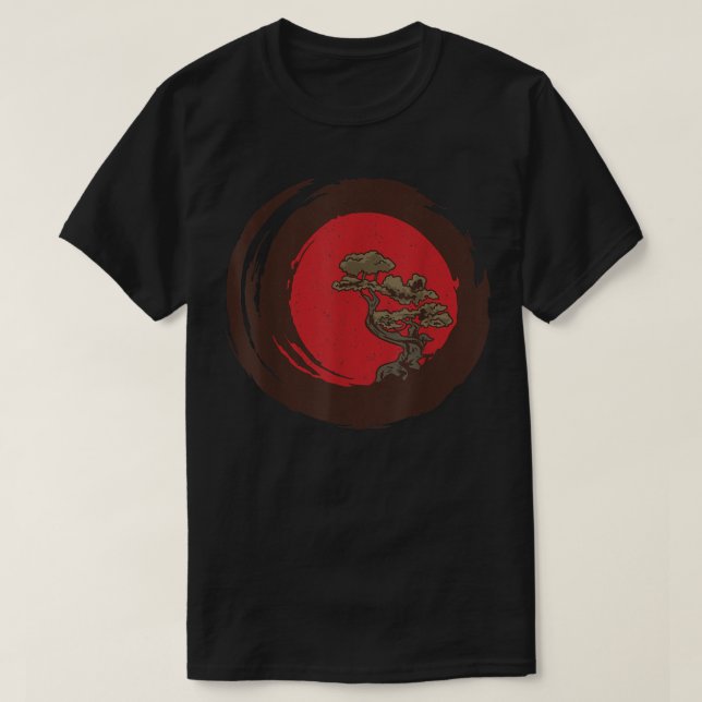 Camiseta Árbol Bonsai, bandera japonesa, puesta de sol roja (Diseño del anverso)