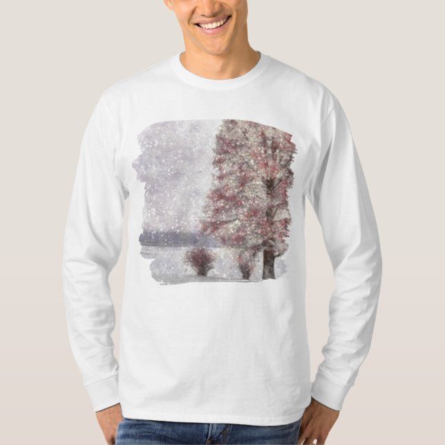 Camiseta Árbol cerca del lago Pocas hojas rojas y nieve (Anverso)