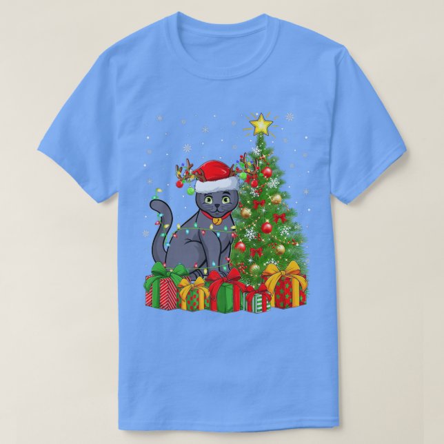 Camiseta Árbol de Navidad azul ruso de iluminación de gato  (Diseño del anverso)