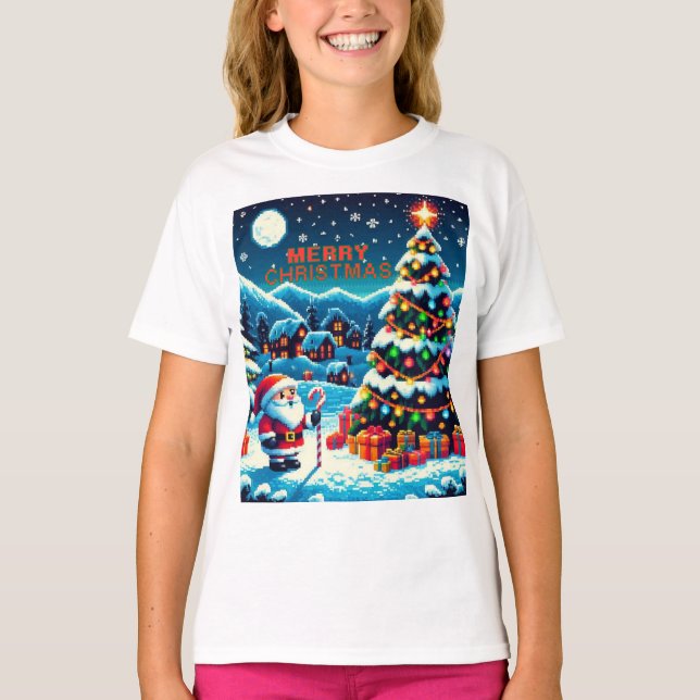 Camiseta Árbol de Navidad de 8 bits y Santa (Anverso)