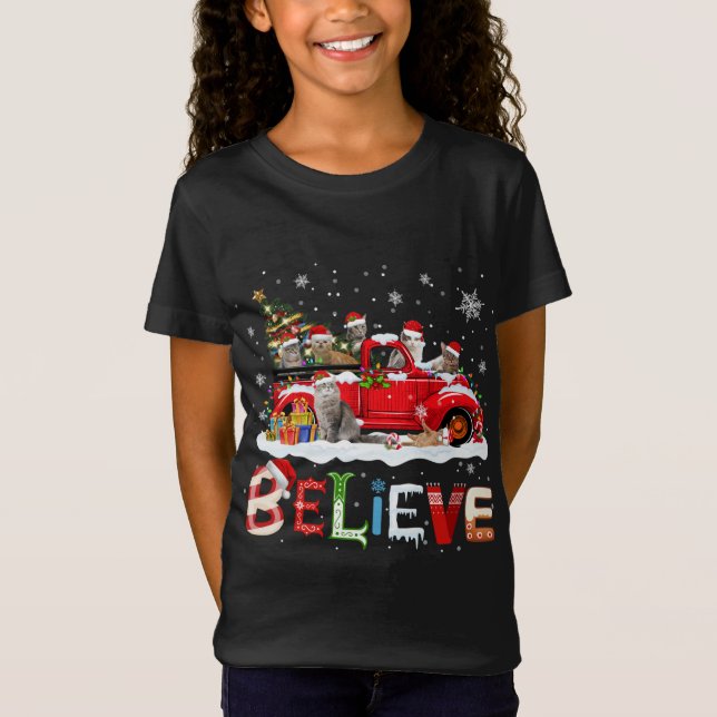Camiseta Árbol de Navidad de Camión Rojo de Gato cree Santa (Anverso)