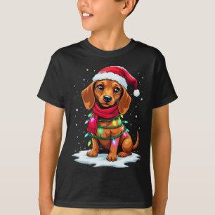 Camiseta Árbol de Navidad de Dachshund Cute Santa Hat Luces