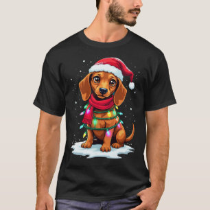 Camiseta Árbol de Navidad de Dachshund Cute Santa Hat Luces