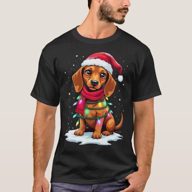 Camiseta Árbol de Navidad de Dachshund Cute Santa Hat Luces (Anverso)