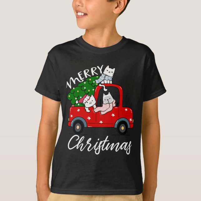 Camiseta Árbol de navidad de gatos en camiones rojos árbol  (Anverso)