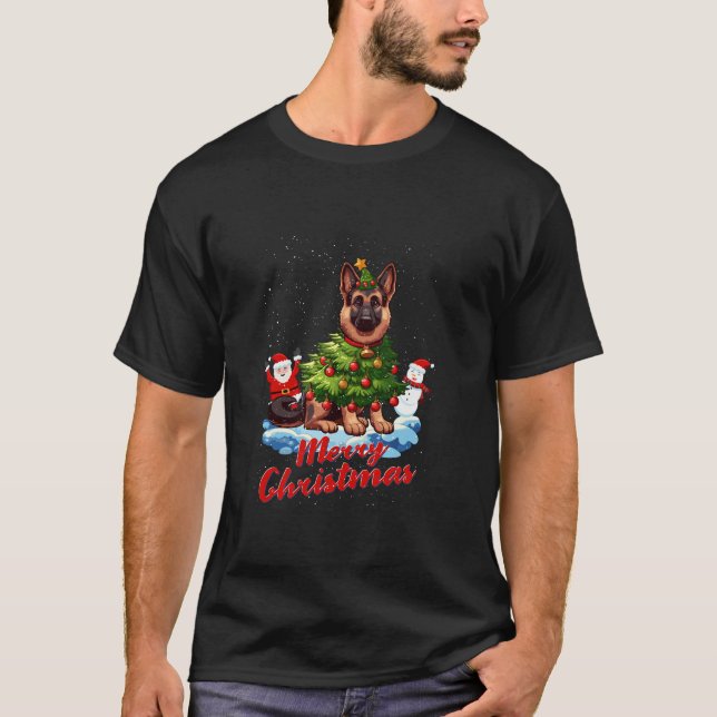 Camiseta Árbol de Navidad de Pastor Alemán Merry Encende Pe (Anverso)
