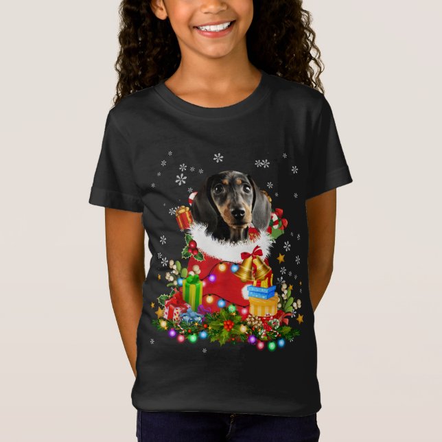 Camiseta Árbol de Navidad de perro de Dachshund enciende pi (Anverso)