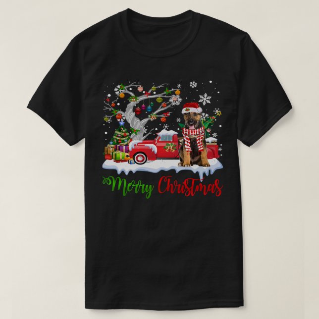 Camiseta Árbol de navidad del camión rojo del pastor alemán (Diseño del anverso)