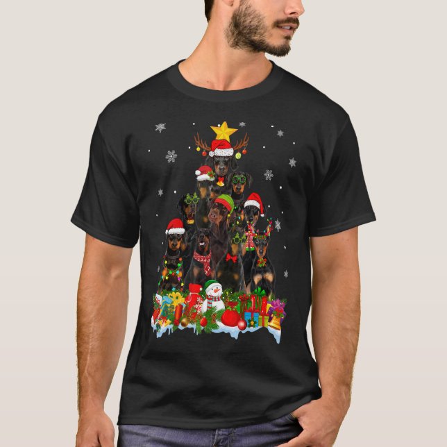 Camiseta Árbol de Navidad Doberman Dog enciende Navidad San (Anverso)