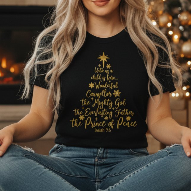 Camiseta Árbol de Navidad Dorado "A Nosotros Nace Un Niño" (Golden “Unto Us A Child Is Born” shirt — faith, scripture & Christmas joy in one design!)