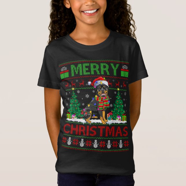 Camiseta Árbol de Navidad enciende feas Santa Rottweiler Do (Anverso)