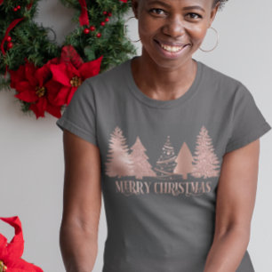 Camiseta Árbol de Navidad Feliz Navidad en Rosa Dorado