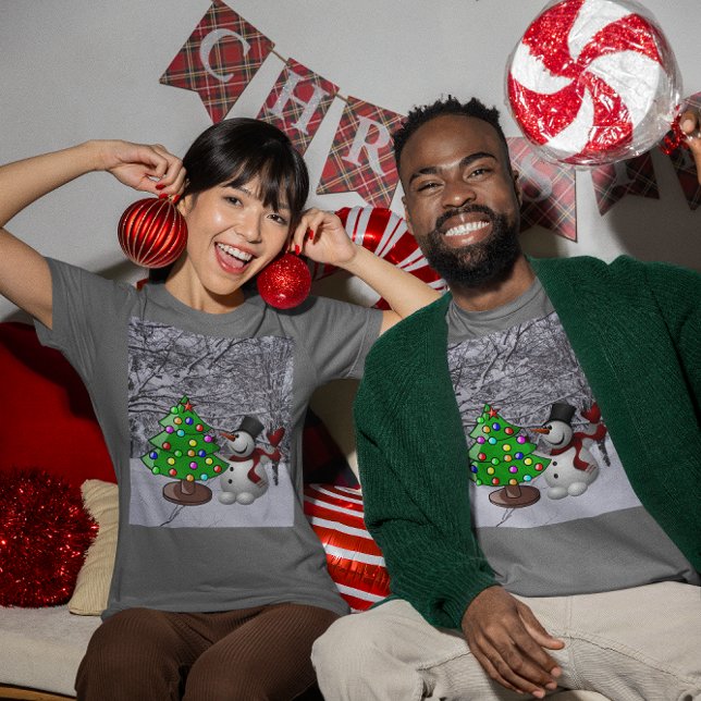 Camiseta Árbol de Navidad, Hombre de Nieve, Escena de Nieve (Christmas Tree, Snowman, Snow Scene Unisex Dark T-Shirt)