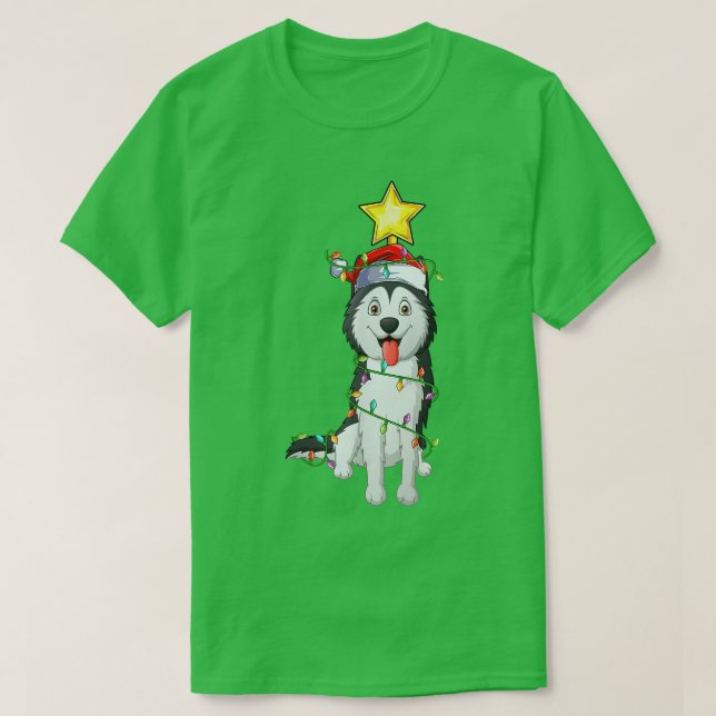 Camiseta Árbol de Navidad iluminado que coincide con Husky  (Diseño del anverso)