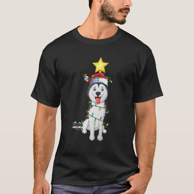 Camiseta Árbol de Navidad iluminado que coincide con Husky  (Anverso)
