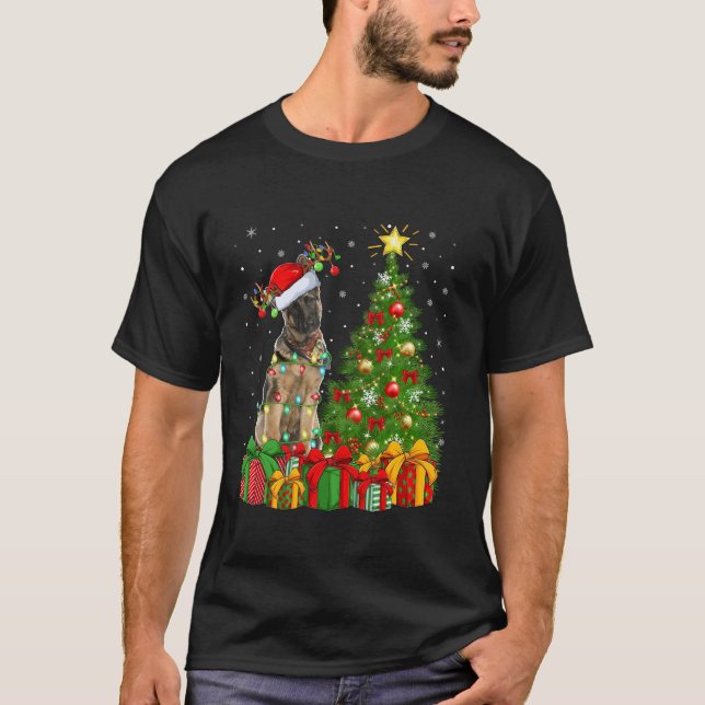 Camiseta Árbol de navidad iluminando Santa Hat Pastor alemá (Anverso)
