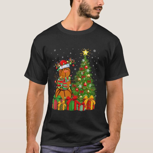 Camiseta Árbol de Navidad iluminando Santa Hat Snowman Bask (Anverso)
