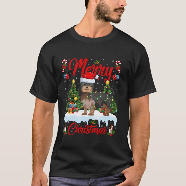 Camiseta Árbol de Navidad iluminando Yorkshire Terrier Dog  (Anverso)