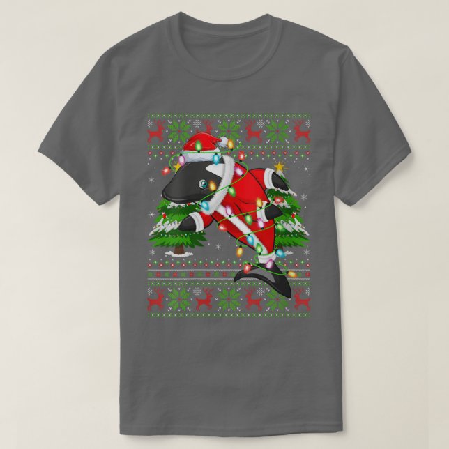 Camiseta Árbol de Navidad Orca femenino a juego con Santa O (Diseño del anverso)