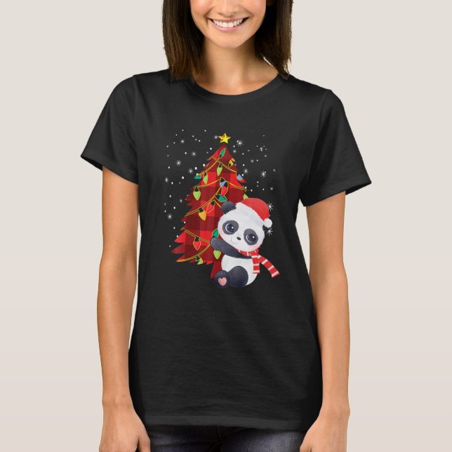 Camiseta Árbol de Navidad Panda enciende familia Santa Hat (Anverso)