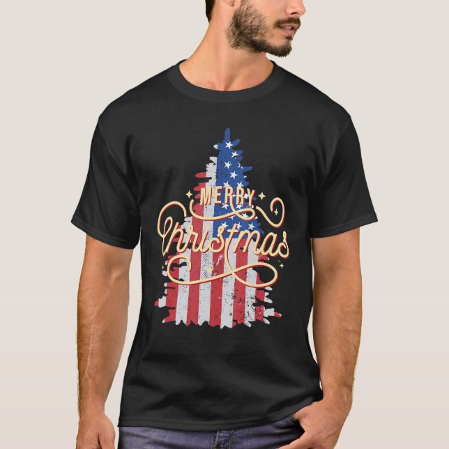 Camiseta Árbol de Navidad Patriótico Retro de Bandera Estad (Anverso)