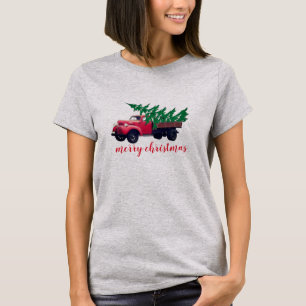 Camiseta Árbol de Navidad retro en camioneta roja para muje