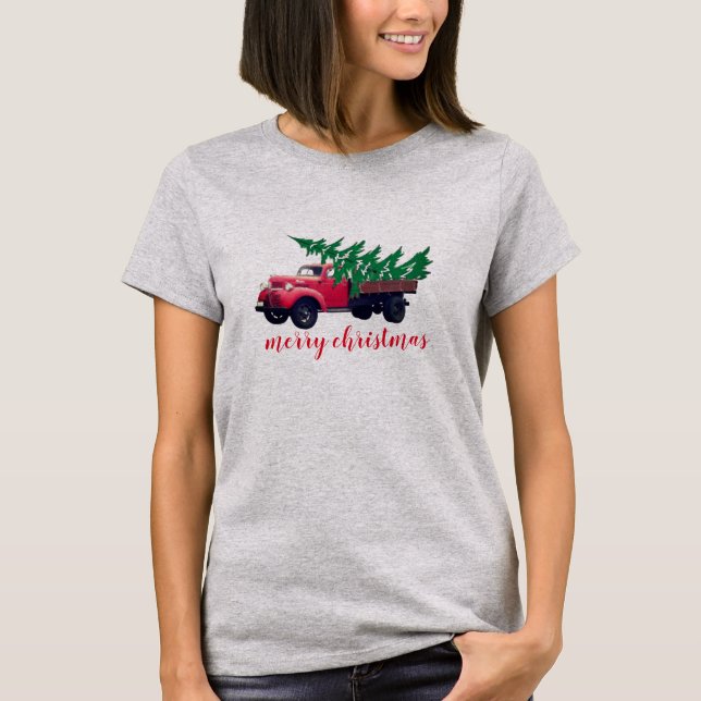 Camiseta Árbol de Navidad retro en camioneta roja para muje (Anverso)