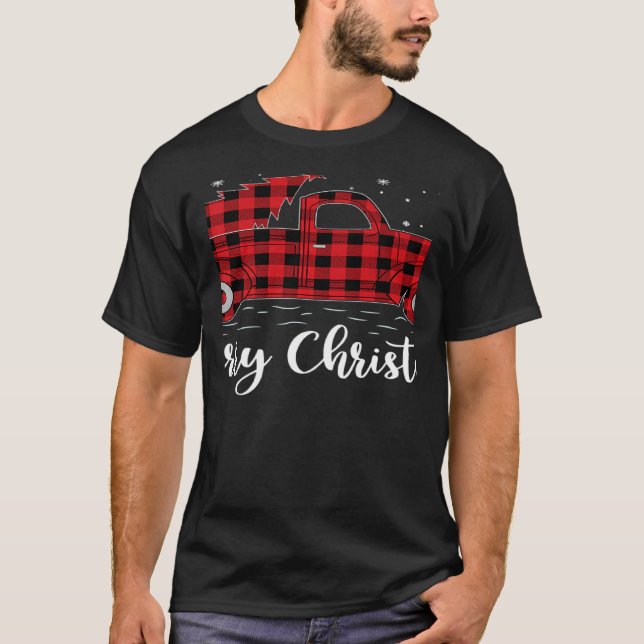 Camiseta Árbol de navidad rojo búfalo trenzado camión rojo  (Anverso)