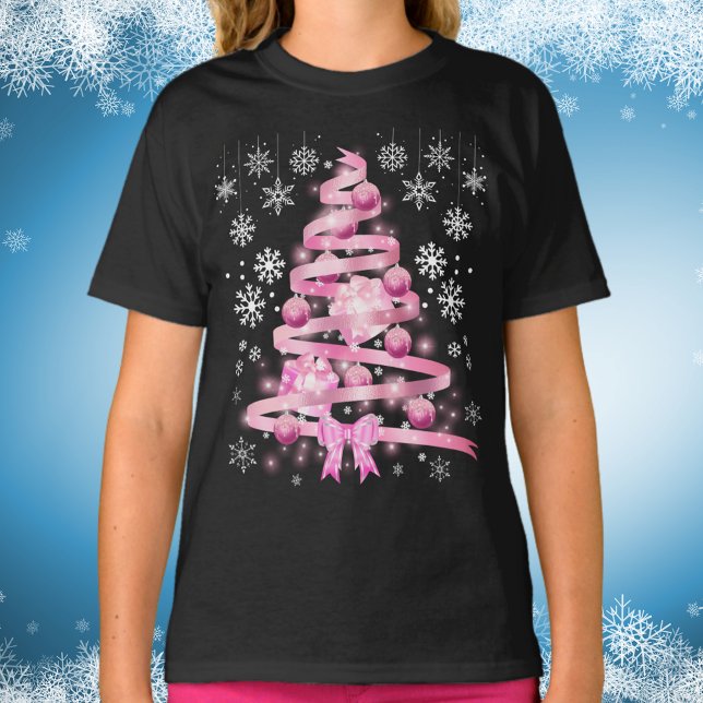 Camiseta Árbol de navidad rosa de cinta blanca de copo de n (Subido por el creador)