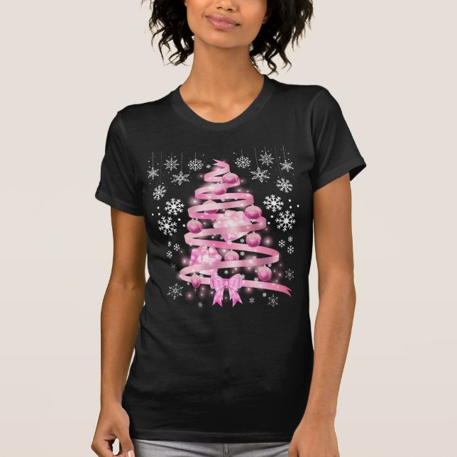 Camiseta Árbol de navidad rosa de cinta blanca de copo de n (Anverso)