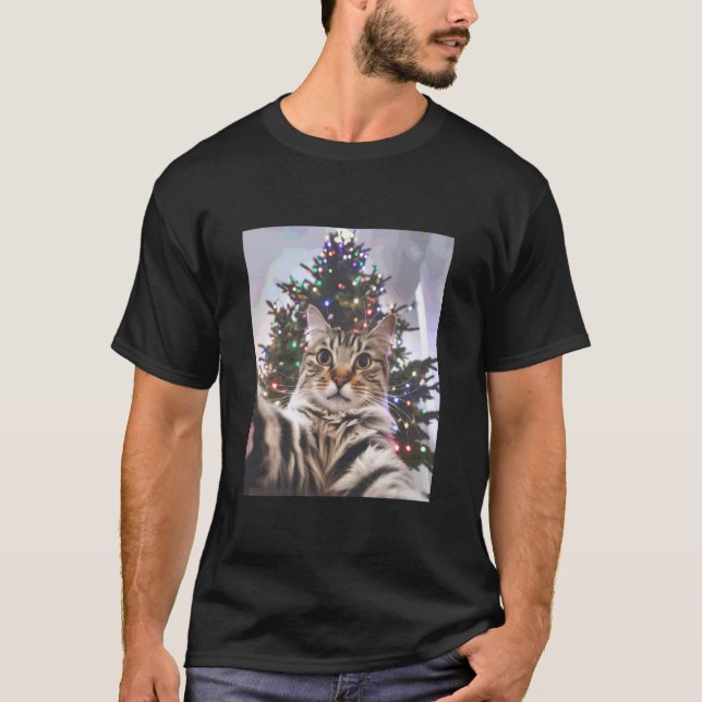 Camiseta Árbol de Navidad Selfie de Gato (Anverso)