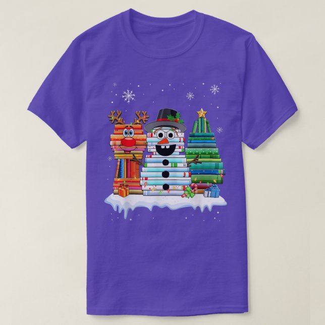 Camiseta Árbol de Navidad Snowman Reindeer libro Stack Tee  (Diseño del anverso)