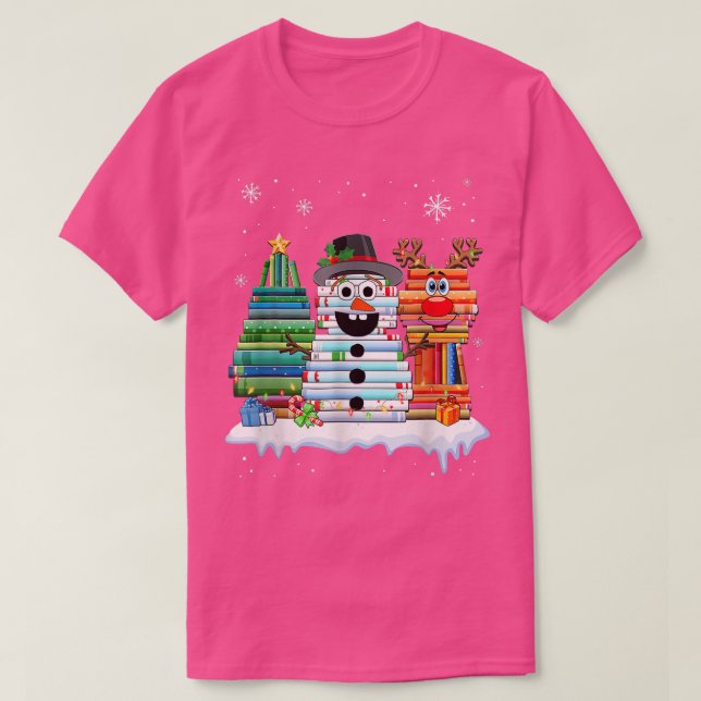 Camiseta Árbol de Navidad Snowman Reindeer libro Stack Tee  (Diseño del anverso)