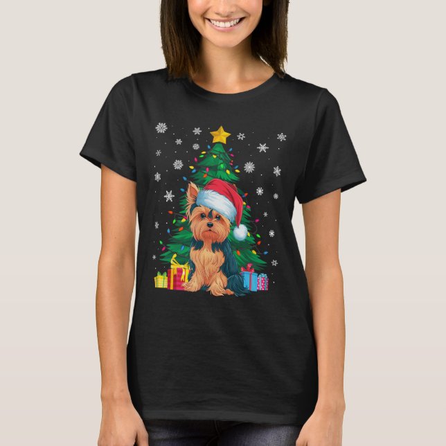 Camiseta Árbol de Navidad sudoroso enciende Yorkie Dog Sant (Anverso)