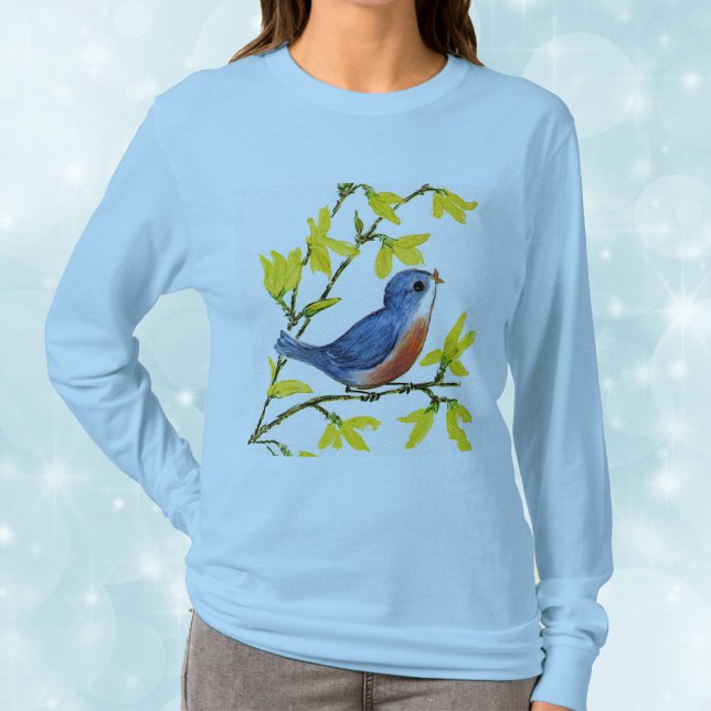 Camiseta Árbol de pájaros azules canto (Pretty blue red bird on branch with bright yellow flowers on woman's long sleeve shirt.)