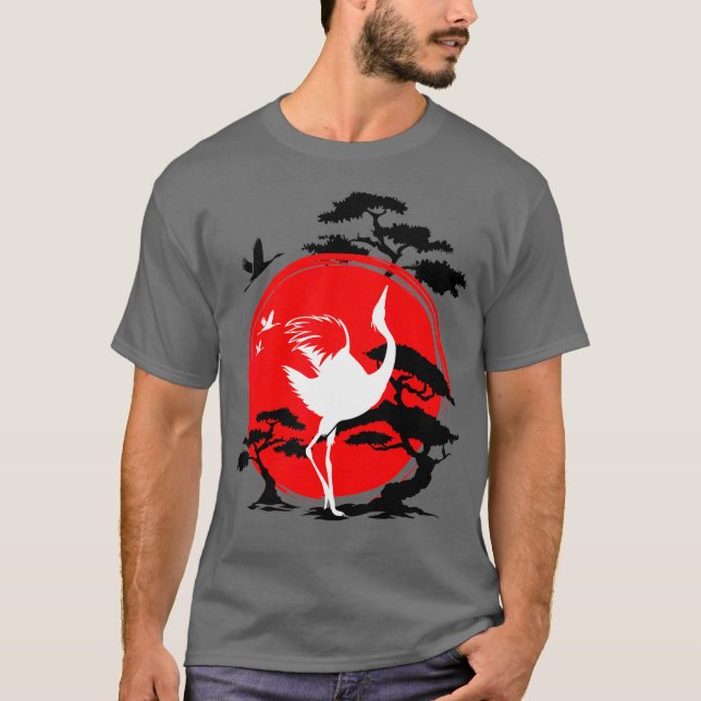 Camiseta Árbol de pájaros de la grúa japonesa Bonsai y Sol  (Anverso)