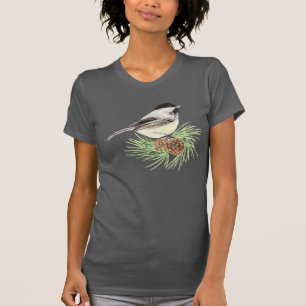 Camiseta Árbol de pino lindo del pájaro del Chickadee de la